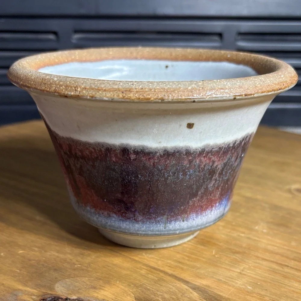 Vintage Studio Pottery Vase Handcrafted Red White Blue Swirl Drip Design 4